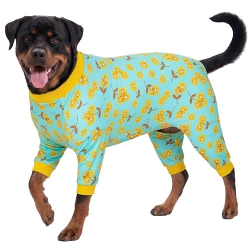 LovinPet Large Dog Pajamas Pitbull - Pet Anxiety Relief, Sun Protection Dog Pajamas, Comfy Stretchy Fabric, Mint Flower Print, Pitbull Clothes, Pitbull Onesie, Large Breed Apparel,Yellow L - Image 1