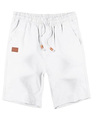AUSELILY MEN Men's Cotton Linen Shorts 9 inch Drawstring Casual Elastic Waist Mens Summer Beach Vacation Shorts Big and Tall with Pockets White 3XL - Thumbnail 4