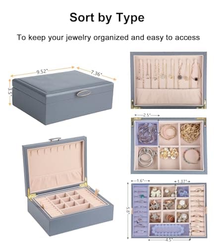 ASINGYER Small Jewelry Organizer for Women, 2-Layer Travel Jewelry Box with Portable Case, Necklace Ring Storage for Dresser, Girls Teens Gifts (Grey) - Thumbnail 6