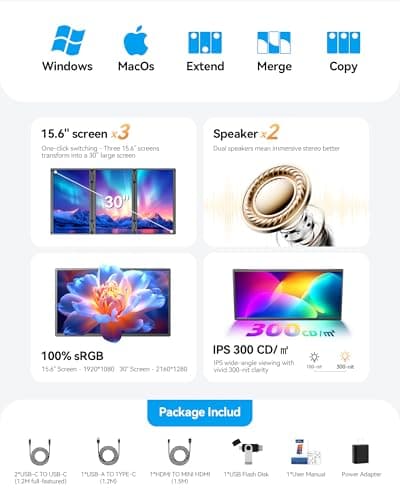 15.6" Quad Laptop Screen Extender,FHD 1080P Double Portable Monitor with 30" Combined Display(Landscape/Portrait),One-Cable Connection and Driver Required,Compatible with Wins & Mac(M1/M2/ M3/M4/M5) - Thumbnail 3