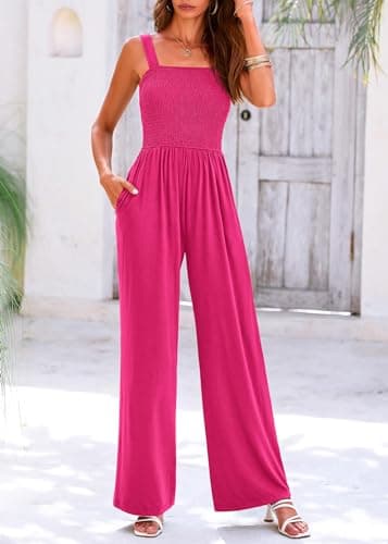 KIRUNDO Womens Overalls Dressy Casual Plus Size Smocked Wide Leg Sleeveless One Piece Jumpsuits for Women Wide Strap Long Pant Rompers Trendy Outfits(Rose Red, XX-Large) - Thumbnail 6