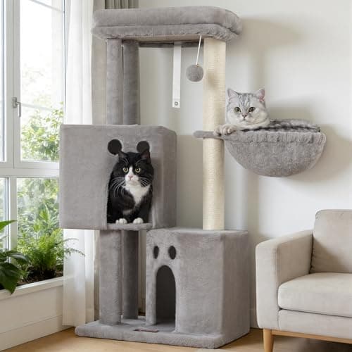 Small Cat Tree Tower for Indoor Cats, 40 In Medium Multi-Level Compact Cat House Bed with 2 Condo, Large Platform Perch, Sisal Scratching Post, Hammock, Cat Climbing Stand for Kitty kitten(Light Grey)