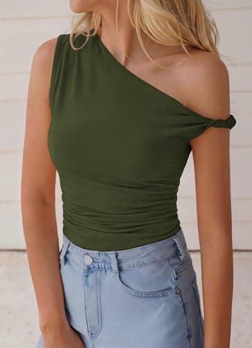 BTFBM Off The Shoulder Tops for Women 2026 Cute Summer Casual Sleeveless Slim Fit y2k Spring Outfits Going Out Tank Top(Army Green, Large) - Thumbnail 2