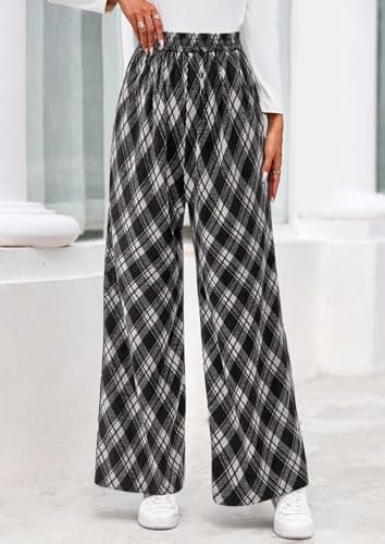 PRETTYGARDEN Casual Women's Pants 2026 Elastic Waist Palazzo Long Pajama Wide Leg Trousers Knit Fall Outfits with Pockets (Big Plaid Black,Large) - Thumbnail 3