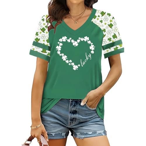 St Patricks Day Shirt Women V Neck Irish Shamrock St Paddys Day Tee Holiday Raglan Short Sleeve Tops - Image 1