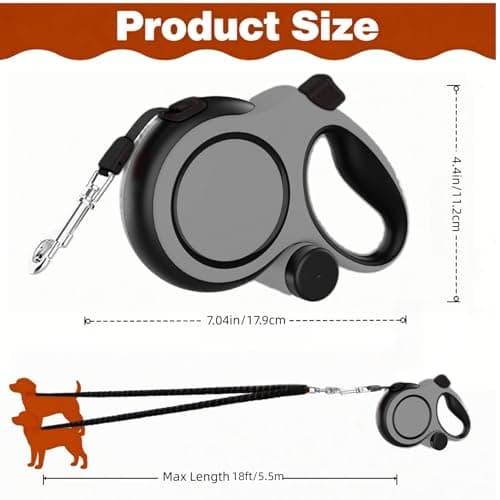 Dual Retractable Dog Leash 2 Large Dogs (Up to 110 Lbs Each), 2 Headed Pet Leash with Poop Bags, 16ft/5m Extension, Non-Slip Grip, One-Button Break & Lock, 360-degree Tangle-Free (Gray, Medium) - Thumbnail 2