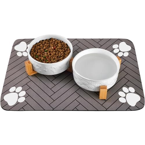 XIHAN Dog Bowls Set with Wood Stand & Mat Waterproof, 1.5 Cups Ceramic Dog Bowls Elevated for Small Dogs, Dual Food and Water Bowls with Weighted Non-Slip Base 13.5 OZ - Image 1