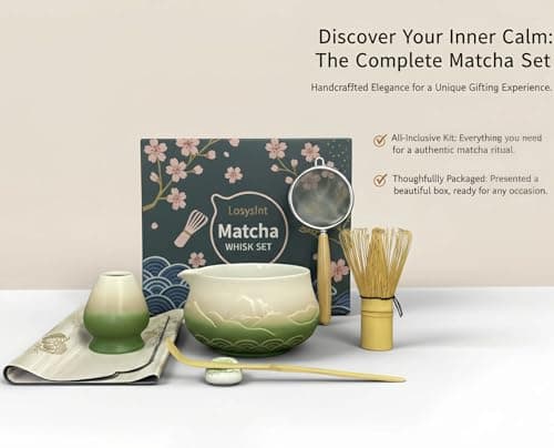 Losyslnt 7 Pcs Matcha Whisk Set - Complete Matcha Kit Set Includes Matcha Bowl with Spout, Bamboo Whisk with Holder, Scoop, Sifter, Scoop Holder, Tea Towel - Ideal Gift for Matcha Lovers (B-Green) - Thumbnail 6