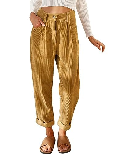 Womens Corduroy Pants Casual High Waisted Straight Leg Vintage Trousers for Women with Pockets (Khaki US 4) - Image 1