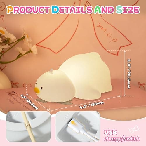 loatme Night Light for Kids, Rechargeable Dimmable Silicone LED Nightlight with 7 Colors, Baby Nursery Night Lamp, Touch Squishy Lamp, Cute Gifts for Girls, Boys, Toddler Room Decor, Lying Duck - Thumbnail 6