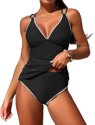 Jillumi Women's Tankini Swimsuits Color Block Tummy Control V Neck Push Up Swim Top High Waisted Swim Bottom with Cheeky Shorts (Black XL) - Image 1