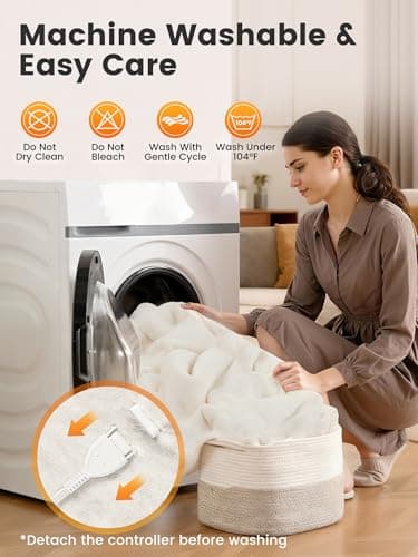 WOOMER Heated Blanket King Size 100" x 90", Electric Blanket with Dual Controllers, 0.5-12 Hours Timer & 10 Heating Levels, ETL Certified, White Double-Sided Velvet, Machine Washable - Thumbnail 6