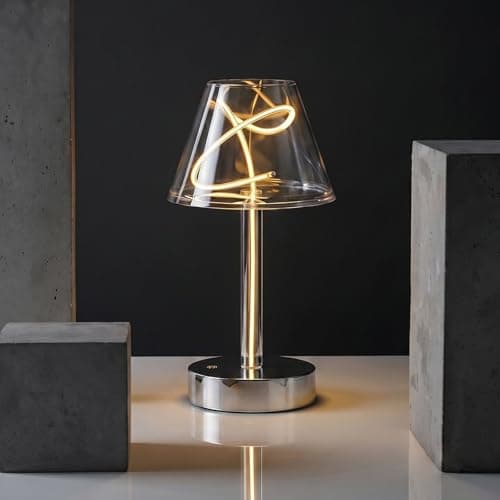 AUGE LIGHT Cordless LED Table Lamp, Artistic Twisted Filament Desk Lamp with Chromed Base, 360° Warm Glow Eye-Caring Night Light for Bedroom, Living Room, Office, Modern Minimalist Home Decor