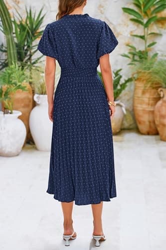 PRETTYGARDEN Summer Long Dresses for Women Puff Short Sleeve V Neck Swiss Dot Pleated A Line Casual Flowy Party Midi Dress (Navy,Large) - Thumbnail 2