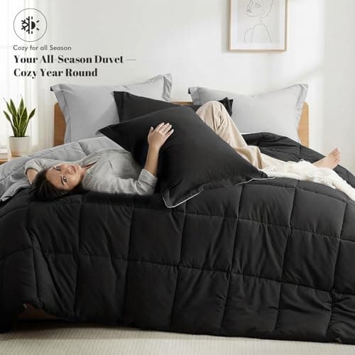 PAJEO Queen Down Alternative Comforter, Fluffy & Breathable All Season Comforter, Reversible Colors Down Alternative Duvet Insert for Master Bedroom, Black/Grey - Thumbnail 2