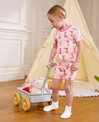 babee Reshinee Bamboo Viscose Toddler Cowgirl Girls Kids Pajamas Short Sleeve Summer Cool Snug fit Pjs 6-7Y 2pcs - Thumbnail 3