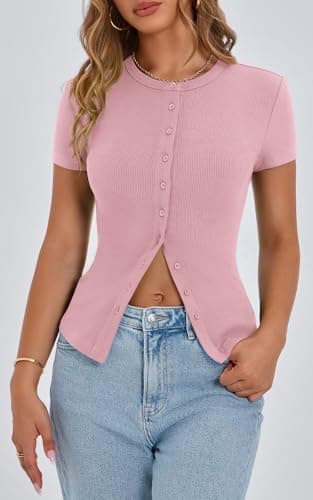 PRETTYGARDEN Women's Short Sleeve T Shirts Ribbed Knit Crew Neck Summer Tops 2025 Trendy Button Up Going Out Tight Basic Tees Y2K Clothes (Pink,L) - Thumbnail 2