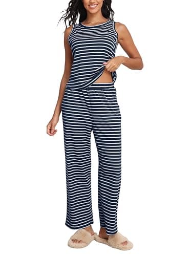 COCOMARTS Womens 2 Piece Lounge Sets Casual Striped Pajama Sets Sleeveless Tank Top and Wide Leg Pants Matching Outfits 2025 Navy Blue Medium - Image 1