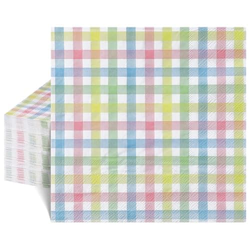 NatNarr 80 Pcs Easter Napkins, 6.5 x 6.5 Inch Pastel Buffalo Plaid Napkins Disposable Colorful Gingham Napkin Spring Pink Blue Yellow Checkered Luncheon Napkin for Easter Party, Picnic, Baby Shower - Image 1