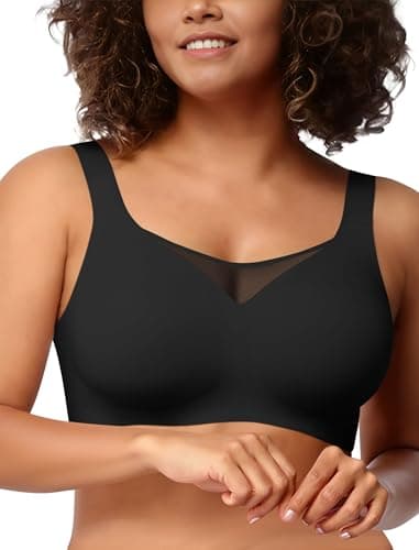 Easybunny Wireless Bras for Women Seamless Supportive V Mesh Bralette Minimizers Comfortable Tshirt Bra for Older Women Black 4XL - Image 1
