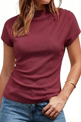 Arach&Cloz Womens Ruched Summer Tops Mock Neck Cap Sleeve Blouses T Shirts Slim Fit Ladies Spring Sweaters Vacation Outfits Dressy Business Casual Short Sleeve Blouse Trendy Dark Red M - Image 1