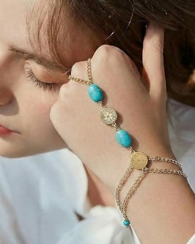 Turquoise Bracelet for Women, 14K Gold Plated Adjustable Stackable Boho Hand Chains - Healing Stone Jewelry Gift for Her, Christmas, Birthday, Dainty Southwest Everyday Good Luck Charm - Thumbnail 4