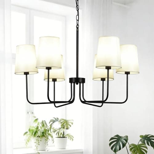 Omgomne 29.5" Black Farmhouse Chandelier with Shade, 6-Arm Vintage Modern Dining Room Light Fixture, Chandeliers Ceiling Light Fixture for Bedroom Kitchen Island Living Room Bulb Not Included - Image 1