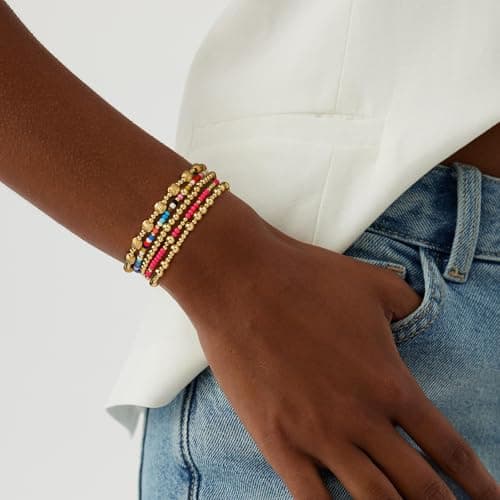 Turandoss 5PCS Gold Beaded Bracelets for Women Jewelry Gifts - Dainty 14K Gold Plated Bead Ball Bracelets for Women Colorful Beaded Stretch Bracelet Birthday Jewelry Gifts for Her Mom Daughters - Thumbnail 3