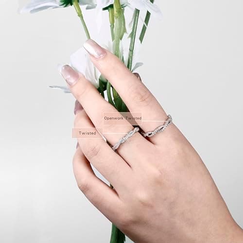 SILVERNANA Moissanite Wave Twisted Wedding Band for Women, White Gold Plated Sterling Silver Twisted Vine Pave Stackable Eternity Ring Size 7 - Thumbnail 5