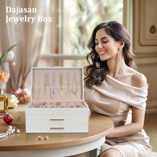 Dajasan Jewelry Boxes for Women, Jewelry Box Organizer with 2 Drawers, 3-Tier Large Jewelry Holder Organizer Box for Necklace Ring Earring Bracelet, Gift Idea, Modern Style (White) - Thumbnail 6