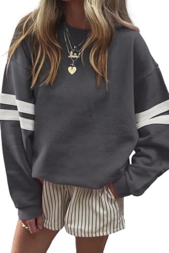 KevaMolly Women Varsity Striped Drop Shoulder Sweatshirt Dark Grey XXL