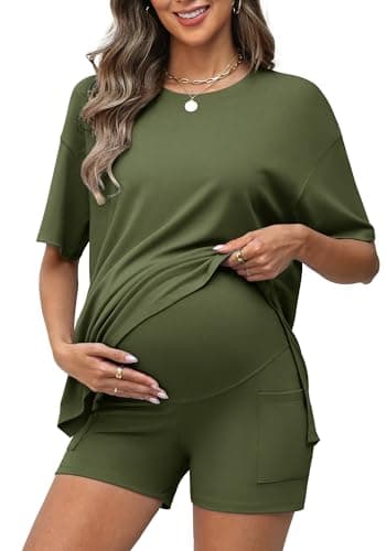 Charmo 2 Piece Short Sets for Women Summer Vacation Outfits Lounge Matching Maternity Set with Pockets Army Green L - Image 1