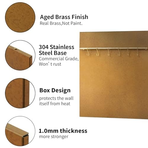 Fietrexa 29.5“x29.5” Brass Finish 304 Stainless Steel Rang Hood Backsplash with Solid Brass Rail & S Hooks,Vintage Style,Kitchen Wall Decor and Protection,Stove Guard. - Thumbnail 4