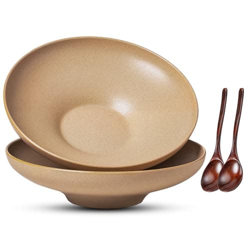 Caigmo Ceramic Serving Bowls with Wooden Spoons Set of 2, Large Serving Bowl for Dinner Salad Soup Pasta Dessert Fish Fruit Chicken Bread, Oven Dishwasher Safe, 50oz Bowl for Entertaining, 9.75" - Image 1
