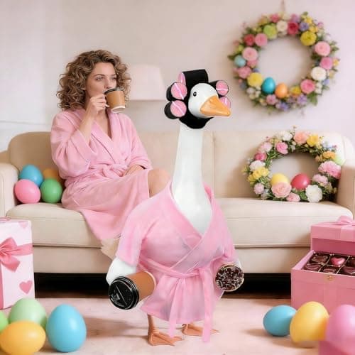 yuboo Lady Porch Goose Outfit 23 Inch Pink Bathrobe, Spring Goose Clothes Porch Geese Accessories Pink Pajamas Robe Curlers and Coffee Cup for Spring Easter Funny Decoration - Thumbnail 5