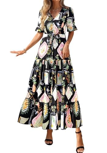 BTFBM Boho Dresses for Women 2026 Summer Spring Casual Floral Short Sleeve V Neck Flowy A-Line Maxi Party Dress Pockets(Floral Black Multi, Medium) - Thumbnail 4