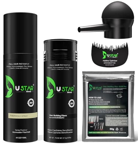 Hair Building Fibers 77.5g, USTAR 5 in 1 Hair Fibers for Thinning Hair with Holding Spray for Instantly Thicker, Fuller Look, Styling Hair Powder for Men & Women (Black) - Image 1