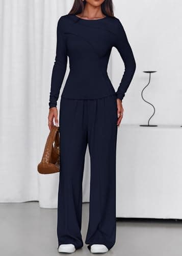 Lazysmile Lounge Sets For Women 2 Piece Sets Fall Outfits Long Sleeve Tops with Wide Legs Pants Casual Matching Set - Thumbnail 5