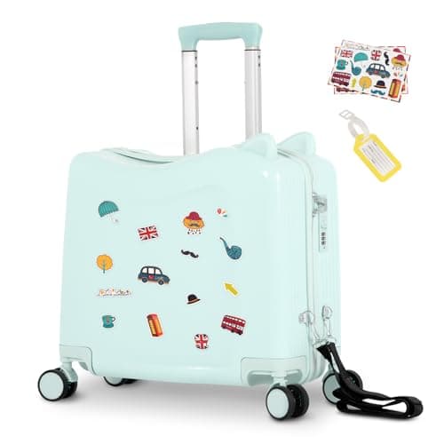 smilesun 20" Ride-On Travel Suitcase for Kids, Cute Ear Toddler Carry on Luggage with Spinner Wheels, Children Rolling Trolly Luggage with Combination Lock (Green with Rope) - Image 1