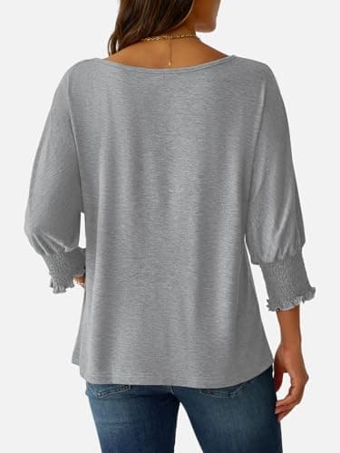 NORACORA Women's 2025 Fashion Tops 3/4 Sleeve T-Shirts Smocked Cuffs Cute Dressy Casual Crewneck Basic Business Tees Blouses Gray XS - Thumbnail 4