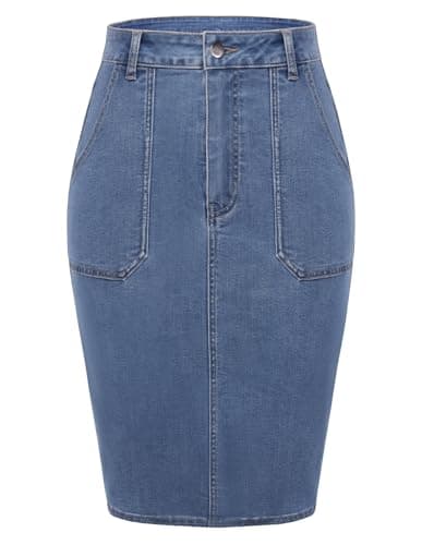 Belle Poque Women's Denim Skirt Stretchy High Waisted Below Knee Length Jean Skirt with Pockets Spring Summer Trendy 2026 L - Image 1