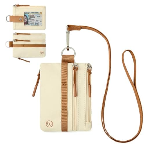 BOSTANTEN Small Wallet RFID, Minimalist Zip ID Case Wallet with Lanyard Keychain, Water Resistant Card Wallets for women & Men, Beige and Brown - Image 1