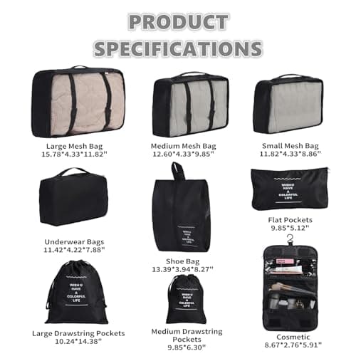 9 Set Packing Cubes for Travel Essentials, Suitcase Organizer Bags for Airplane Road Trip Camp - Black - Thumbnail 2