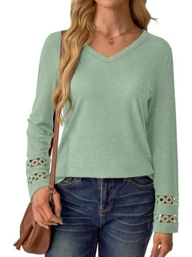 GKBK Women’s Long Sleeve V Neck Tunic Top Casual Dressy Blouse Business Loose Fit Trendy 2025 Fall Outfits Light Green S - Thumbnail 4