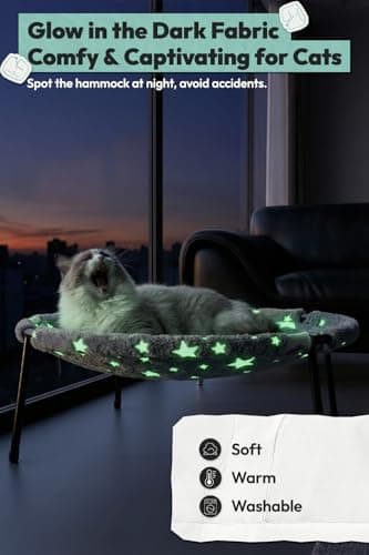 POMESEA Elevated Cat Bed, Glow-in-The-Dark Fabric Cat Hammock Bed for Large Indoor Cats, Machine Washable & Breathable Cover, Tool Free Easy Assembly, up to 66Lbs (Gray, L) - Thumbnail 2
