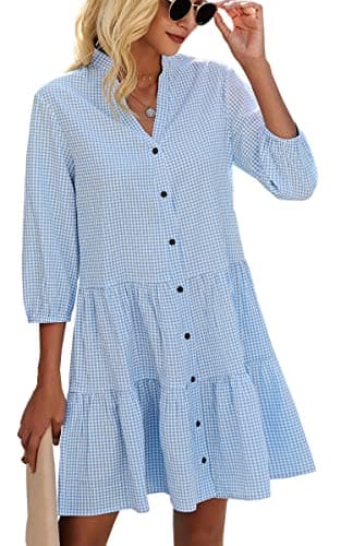 CCTOO Women's Summer Dresses Casual V Neck Button Down 3/4 Sleeve Floral Print Loose Flowy Shirt Dress Blue Large - Image 1