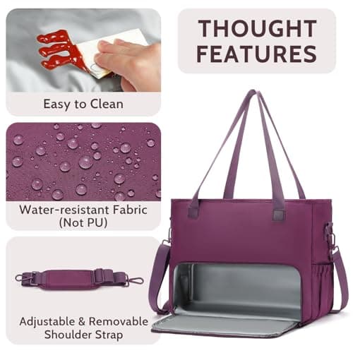 Lunch Tote Bag for Women with 15.6" Laptop Compartment, Work Tote Bag with Insulated Lunch Compartment, Large Casual Canvas Handbag Luncg Bags for Nurse, Teacher, Office, Travel, Beach, Purple - Thumbnail 6