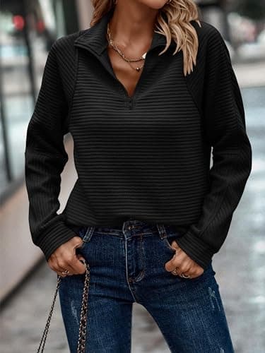ECOWISH Women Tops Quarter Zip Fall Winter Tunics Casual Oversized Pullover Ribbed Quilted V Neck Collared Outfits Loose 2026 Black Medium - Thumbnail 6