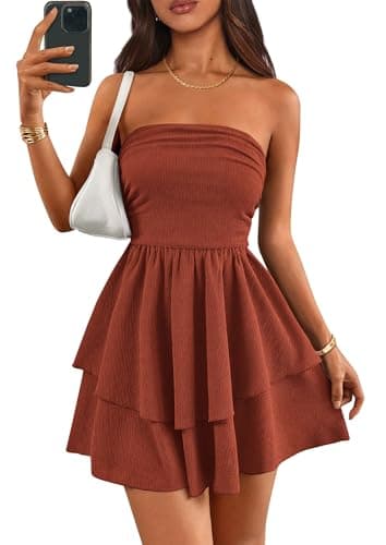 PRETTYGARDEN Women's 2026 Summer Strapless Tube Mini Dress Off Shoulder Smocked Ruffle A Line Flowy Short Party Club Dresses (Brick Red,XX-Large) - Image 1