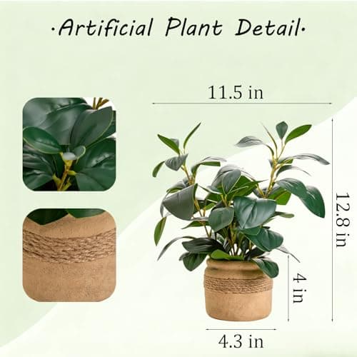 Arbolanta Artificial Fake Plant Potted 12.8'' Small Faux Greenery Ficus Style in Jute-Wrapped Yellow Planter for Tabletop Home Office Decor - Thumbnail 3